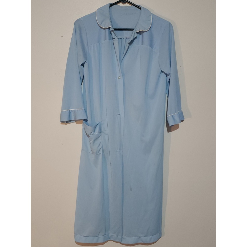 Carole S Blue Silky Vintage Housecoat Duster Robe Retro Button Up Cottagecore
